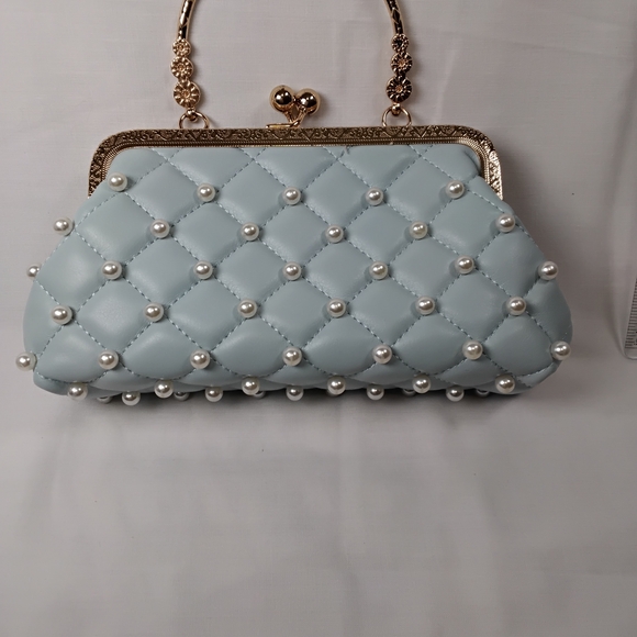 Chic Pearl-Embellished Light Blue Mini Bag - Picture 7 of 7